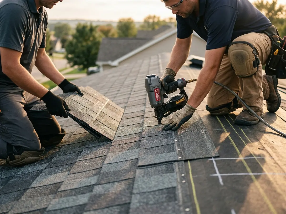 Professional roofer working on a residential roof in Lake Bluff